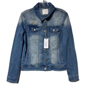 Chocolate Distressed Denim Jean Jacket Stretch Fitted Y2K Trucker NWT